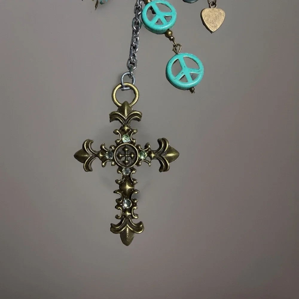 Vintage Cross Jade Patina Charm Keychain Peace Heart Bird Religious Accessory
